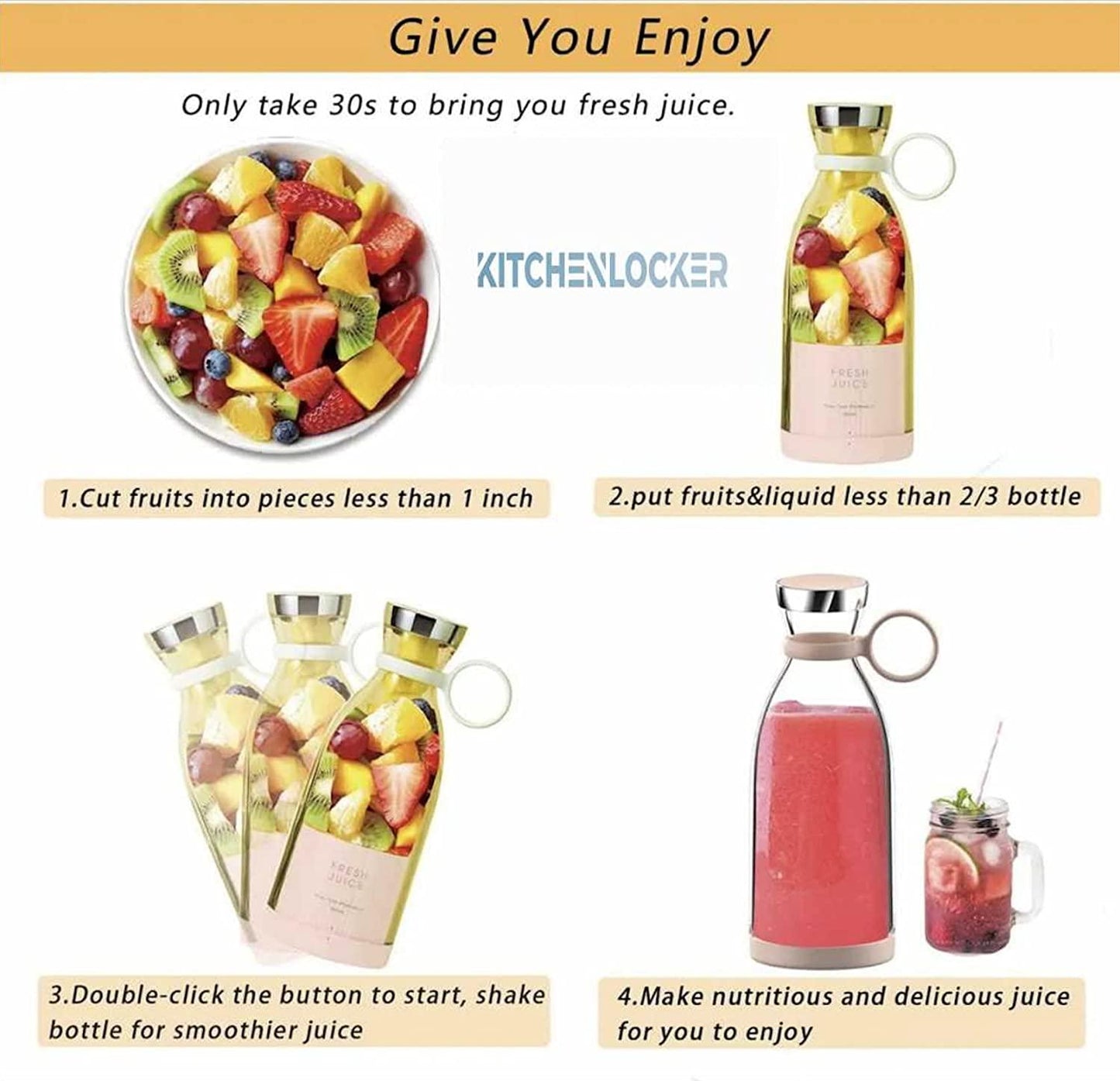 Rechargeable Portable USB Juicer Bottle Electric Mixer Blender Smoothie Maker Grinder -4 Stainless Steel Blades 30 watts 380ml For Fruits, Drinks, Shakes Sports, Travel, Outdoor, Gym, Kitchen